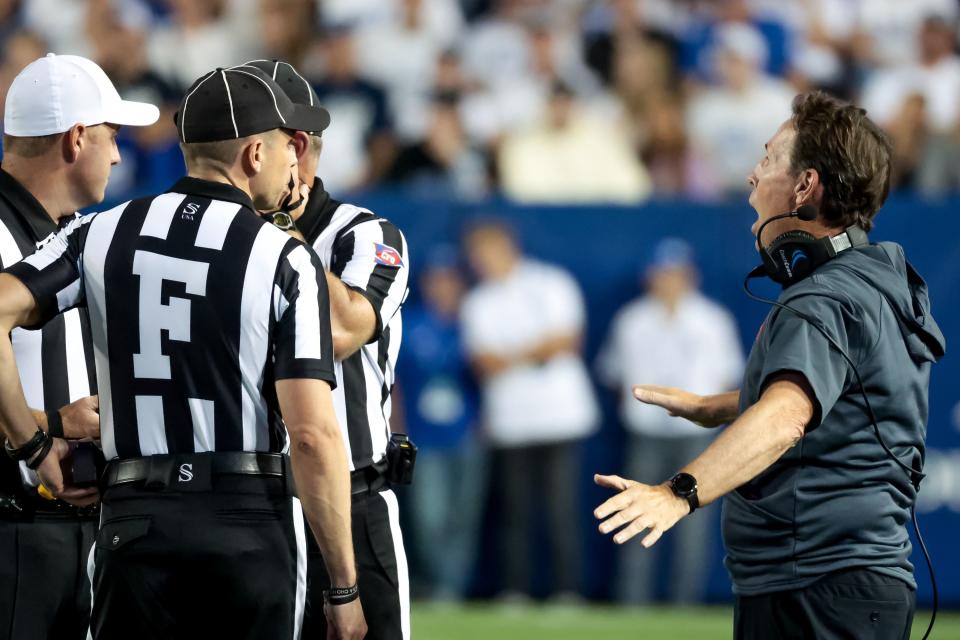 Sam Houston Bearkats head coach K.C. Keeler reacts after referees confirmed a BYU interception after reviewing a play during the game at LaVell Edwards Stadium in Provo on Saturday, Sept. 2, 2023. | Spenser Heaps, Deseret News