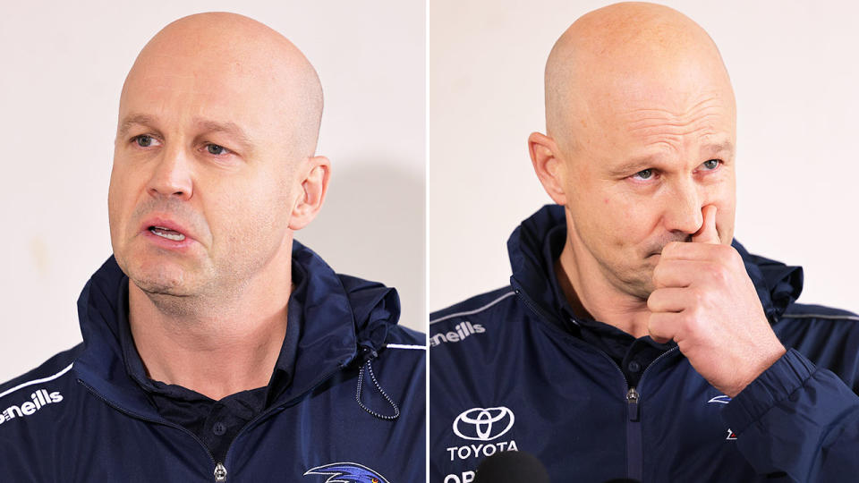 Pictured here, an emotional Adelaide coach Matthew Nicks responds to the Tex Walker racism controversy. 