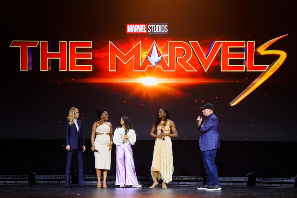 Brie Larson, Teyonah Parris, Iman Vellani, Nia DaCosta, and Kevin Feige at D23 in September 2022.