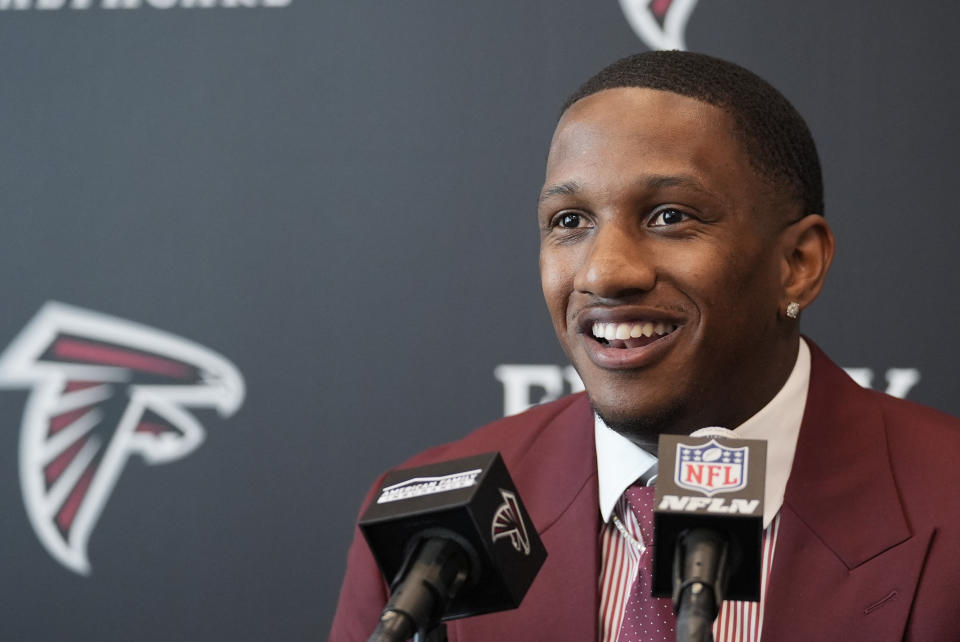 Atlanta Falcons first round draft choice quarterback Michael Penix Jr., speaks during a news conference Friday, April 26, 2024, in Flowery Branch, Ga. (AP Photo/John Bazemore)