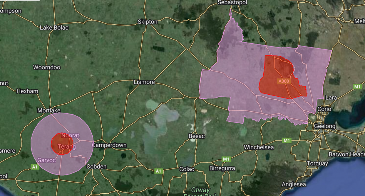 A map of Victoria. Restricted areas (red) are surrounded by buffer zones (purple).