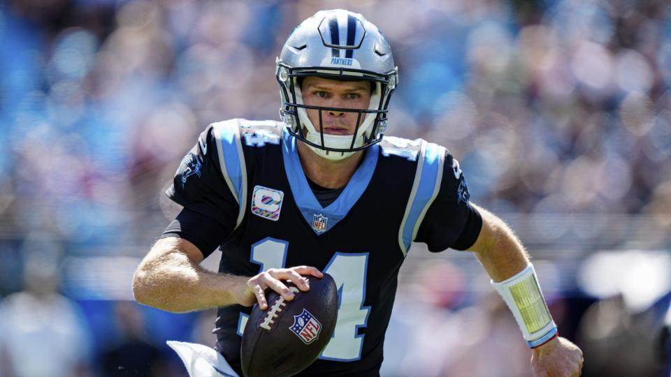 Carolina Panthers quarterback Sam Darnold plays against the Philadelphia Eagles.