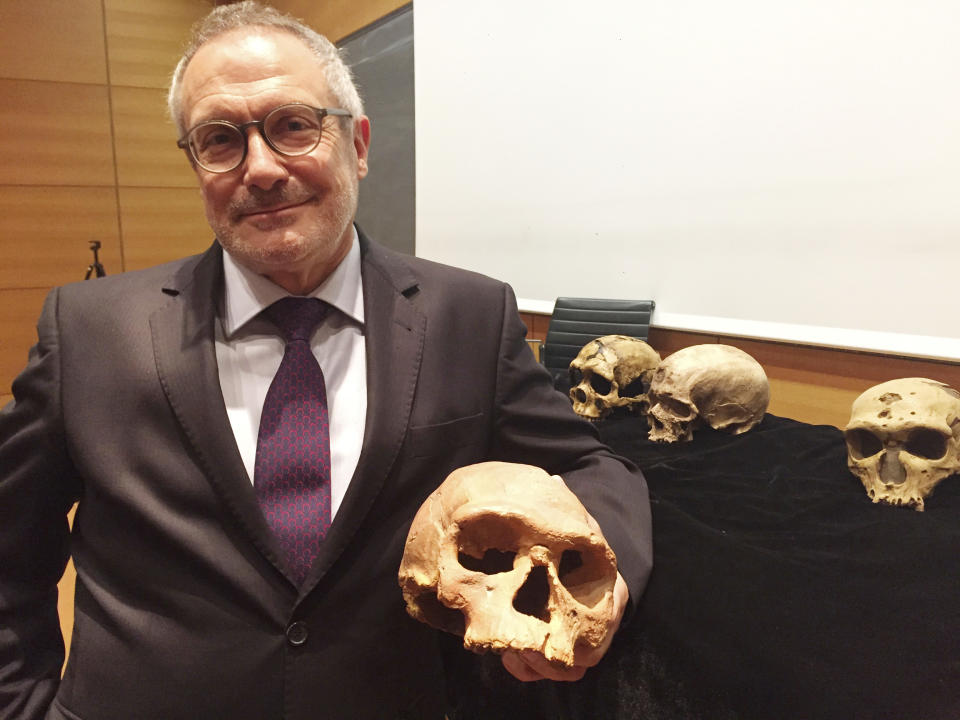 FILE - Professor Jean-Jacques Hublin, paleoanthropologist, director of the department of the human evolution at the Max Planck Institute for Evolutionary Anthropology, poses for a photograph after a press conference held in Paris, France on June 6, 2017. An American literary historian, a French paleoanthropologist, a Danish evolutionary geneticist and a German-Dutch astrophysicist have been named the winners of this year’s Balzan Prize. Their work in the humanities and natural sciences advances the study of comparative literature, human evolution and black holes. (AP Photo/Nicolas Garriga, File)