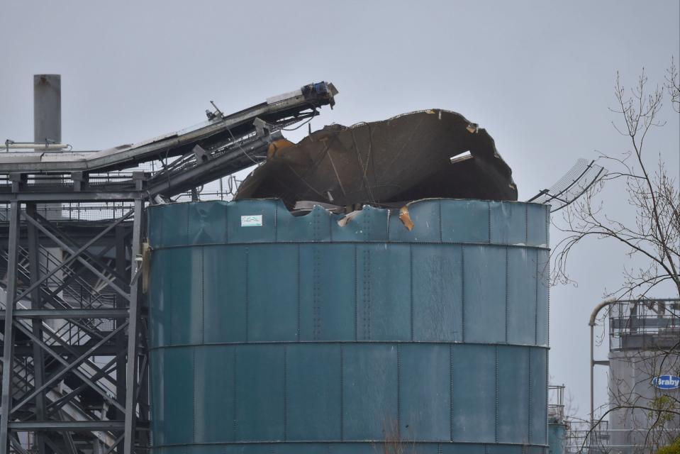 The scene in Avomouth, Bristol, as fire crews, police and paramedics responded to the large explosionPA