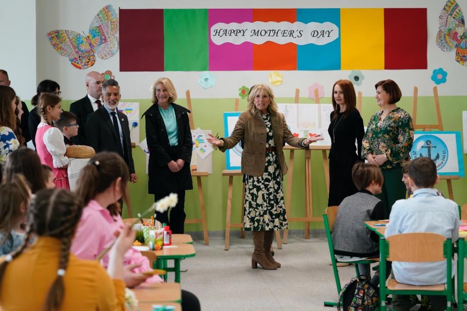 Jill Biden visits with Slovak and Ukrainian mothers and their children for Mother’s Day in Kosice, Slovakia on May 8. - Credit: AP Photo/Susan Walsh, Pool
