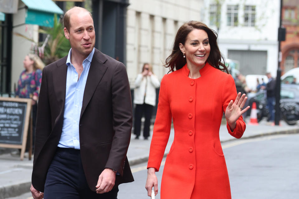Kate, Princess of Wales, opted for red on Thursday as she and William visited a pub in Soho. (Getty Images)