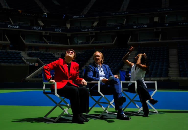 Billie Jean King, Matt Rossetti and Jeanne Moutoussamy-Ashe look on during an event to unveil the retractable roof at Arthur Ashe Stadium