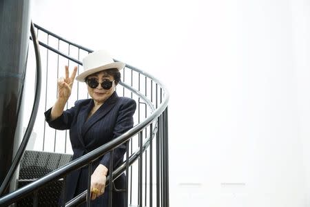 Artist Yoko Ono stands on the exhibit "To See The Sky" at the Museum of Modern Art exhibition dedicated exclusively to her work, titled "Yoko Ono: One Woman Show, 1960-1971", in New York May 12, 2015. REUTERS/Lucas Jackson