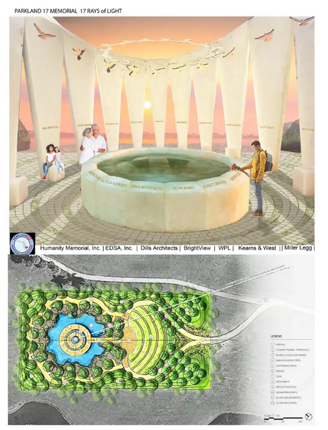 Humanity Memorial, a Sutton, West Virginia company, worked with EDSA, based in Fort Lauderdale, and Dills, based in Virginia Beach, Virginia, to submit a design called “17 Rays of Lights.” Parkland 17 Memorial Foundation