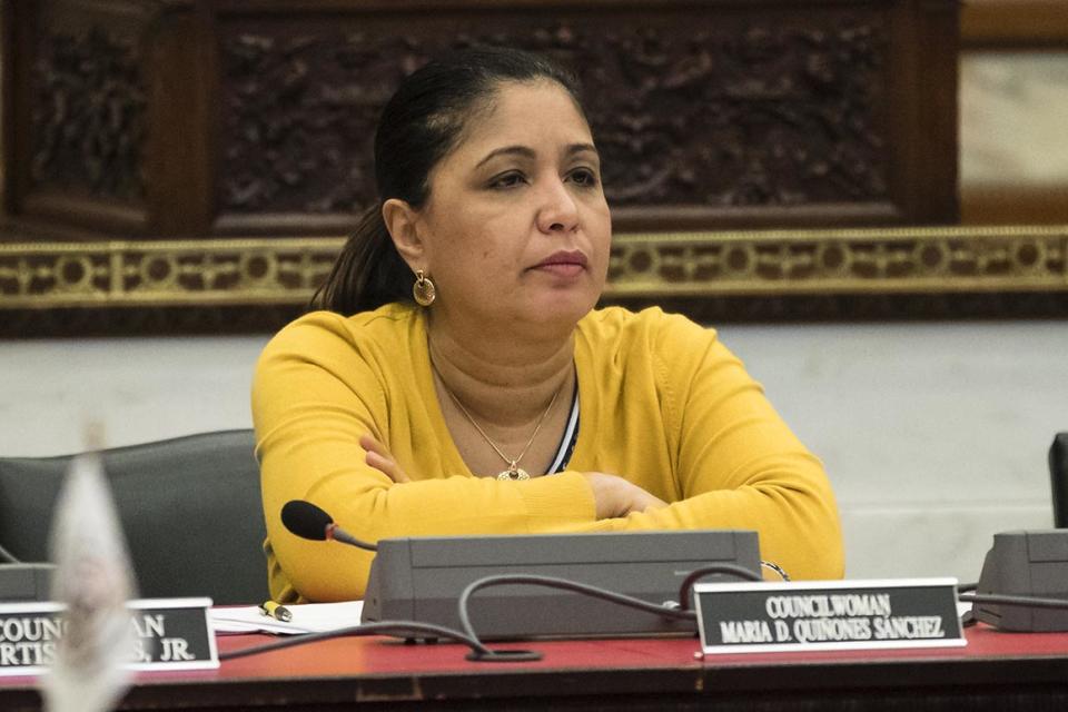 Philadelphia 7th District City Councilwoman Maria Quiñones-Sánchez attends a hearing at City Hall in Philadelphia, Monday, April 8, 2019. (AP Photo/Matt Rourke)