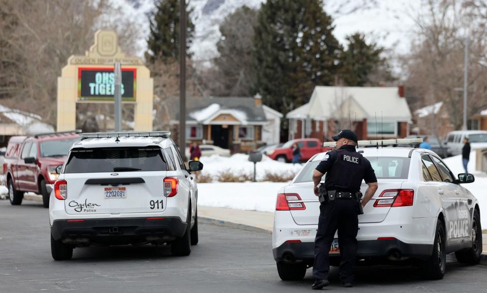 Police maintain a presence after responding to false threats of shots fired at Ogden High School in Ogden on Wednesday, March 29, 2023. Police agencies along the Wasatch Front and northern Utah responded to similar reports of school violence on Wednesday morning. | Kristin Murphy, Deseret News