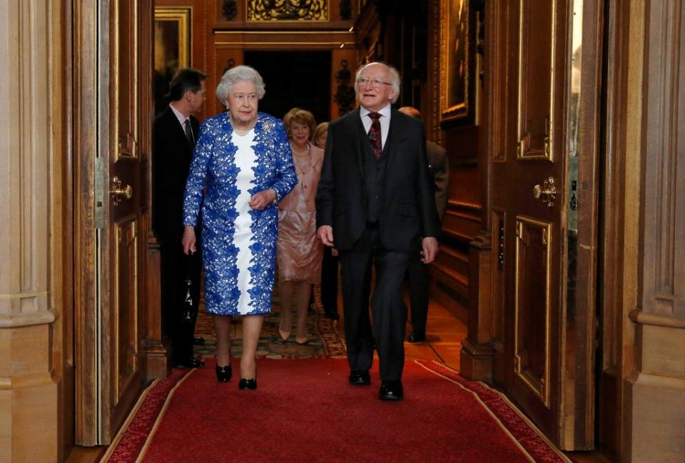 Queen Elizabeth II and Ireland’s President Michael D Higgins at a reception at Windsor Castle (Luke MacGregor/PA) (PA Archive)