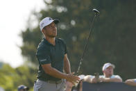 Xander Schauffele watches his shot on the 16th tee during the second round of the BMW Championship golf tournament at Wilmington Country Club, Friday, Aug. 19, 2022, in Wilmington, Del. (AP Photo/Julio Cortez)