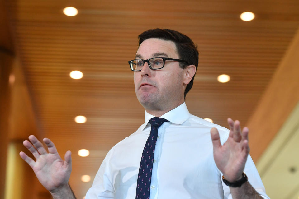 CANBERRA, AUSTRALIA - MAY 14: Deputy leader of the National Party David Littleproud reacts during a press conference in the Mural Hall at Parliament House on May 14, 2020 in Canberra, Australia. Today is final day of a special parliamentary sitting, after parliament was adjourned due to the COVID-19 outbreak. Parliament is set to resume in August 2020.  (Photo by Sam Mooy/Getty Images)