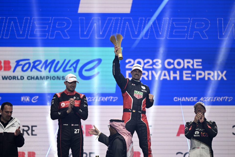 Pascal Wehrlein celebrates his victory in Diriyah on Friday night (Formula E)