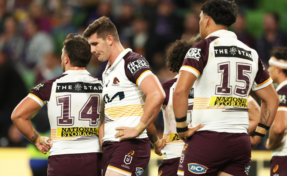  Broncos players, pictured here during their loss to the Melbourne Storm.