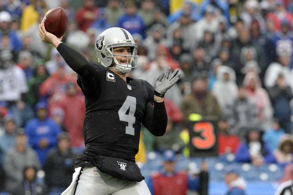 Oakland Raiders quarterback Derek Carr faces an angry Dolphins defense Sunday night in Miami. (AP)