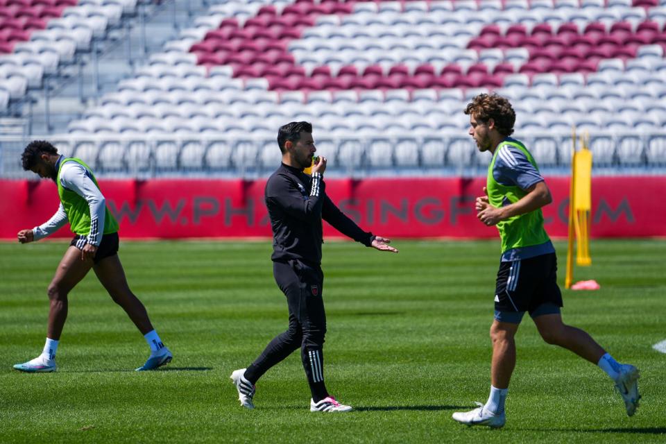 Phoenix Rising FC head coach Juan Guerra leads a training session ahead of the team's home opener at their new stadium near Sky Harbor Airport on March 31, 2023, in Phoenix.