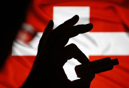 A man poses holding a USB datastick in his hand in front of the Swiss flag in this photo illustration taken in the central Bosnian town of Zenica, August 29, 2013. REUTERS/Dado Ruvic