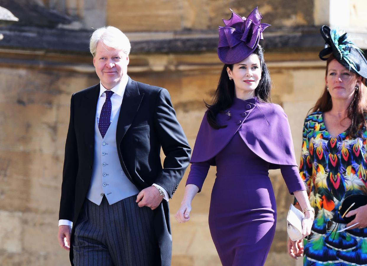 Charles Spencer, 9th Earl Spencer (L) and his wife, Karen Spencer arrive for the wedding ceremony of Britain's Prince Harry, Duke of Sussex and US actress Meghan Markle at St George's Chapel, Windsor Castle, in Windsor, on May 19, 2018. (Photo by Chris Jackson / POOL / AFP)        (Photo credit should read CHRIS JACKSON/AFP via Getty Images)