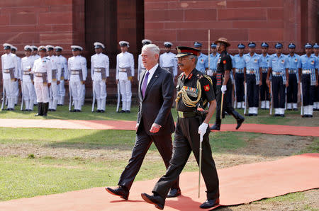 U.S. Defense Secretary Jim Mattis walks after inspecting an honour guard in New Delhi, India September 26, 2017. REUTERS/Adnan Abidi