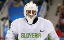 Ice Hockey – Pyeongchang 2018 Winter Olympics – Men Preliminary Round Match – Olympic Athletes from Russia v Slovenia - Gangneung Hockey Centre, Gangneung, South Korea – February 16, 2018 - Luka Gracnar of Slovenia reacts after a goal. REUTERS/Kim Kyung-Hoon