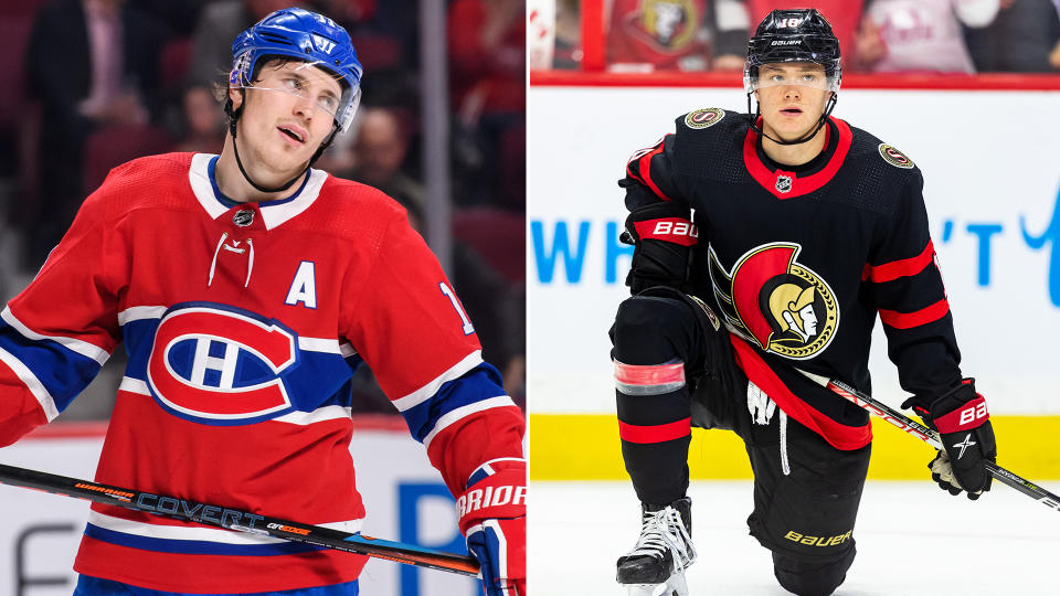 Brendan Gallagher has had enough of Tim Stutzle laying on the ice pretending he's injured. (Photos via Getty)