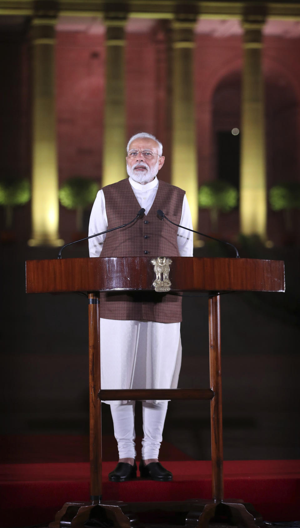 Indian Prime Minister Narendra Modi addresses the media after meeting with the President to stake claim to form the government in New Delhi, India, Saturday, May 25, 2019. Newly elected lawmakers from India's ruling alliance led by the Hindu nationalist Bharatiya Janata Party elected Narendra Modi as their leader on Saturday, paving the way for his second five-year term as prime minister after a thunderous victory in national elections. (AP Photo/Manish Swarup)