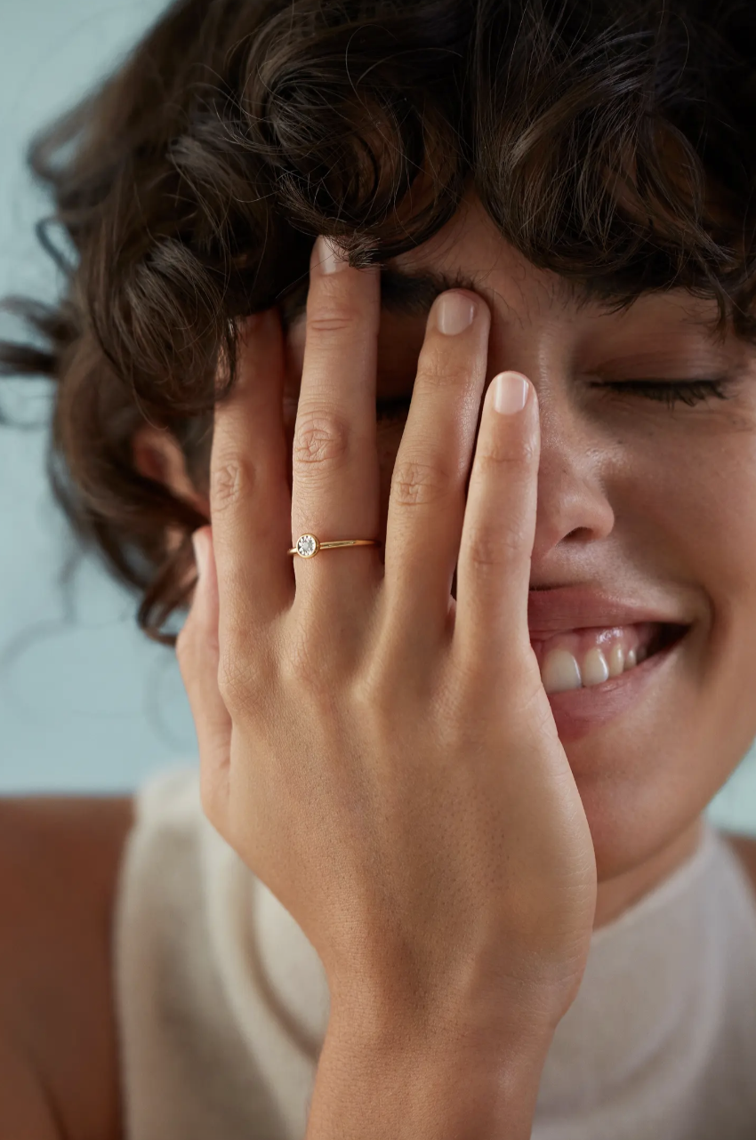 model with hand on face wearing Monica Vinader Essential Diamond Ring (Photo via Nordstrom)