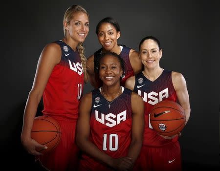 Women's basketball team members Elena Delle Donne (L-R), Tamika Catchings, Candace Parker, and Sue Bird pose for a portrait at the U.S. Olympic Committee Media Summit in Beverly Hills, Los Angeles, California March 9, 2016. REUTERS/Lucy Nicholson