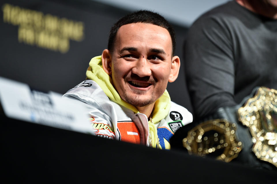 LAS VEGAS, NEVADA - MARCH 1:  Max Holloway interacts with media during the UFC 236 Press Conference inside T-Mobile Arena on March 1, 2019 in Las Vegas, Nevada. (Photo by Chris Unger/Zuffa LLC/Zuffa LLC via Getty Images)