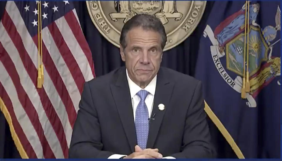 In this still image from video, Gov. Andrew Cuomo speaks during a news conference in New York, Tuesday, Aug. 10, 2021. Cuomo has resigned over a barrage of sexual harassment allegations in a fall from grace a year after he was widely hailed nationally for his detailed daily briefings and leadership during the darkest days of COVID-19. (Office of the Governor of New York via AP)