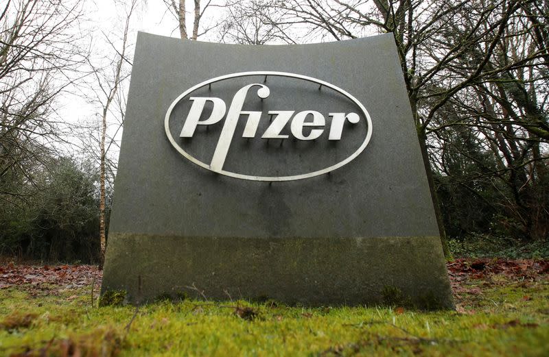 /The Pfizer logo is seen at their UK commercial headquarters in Walton Oaks