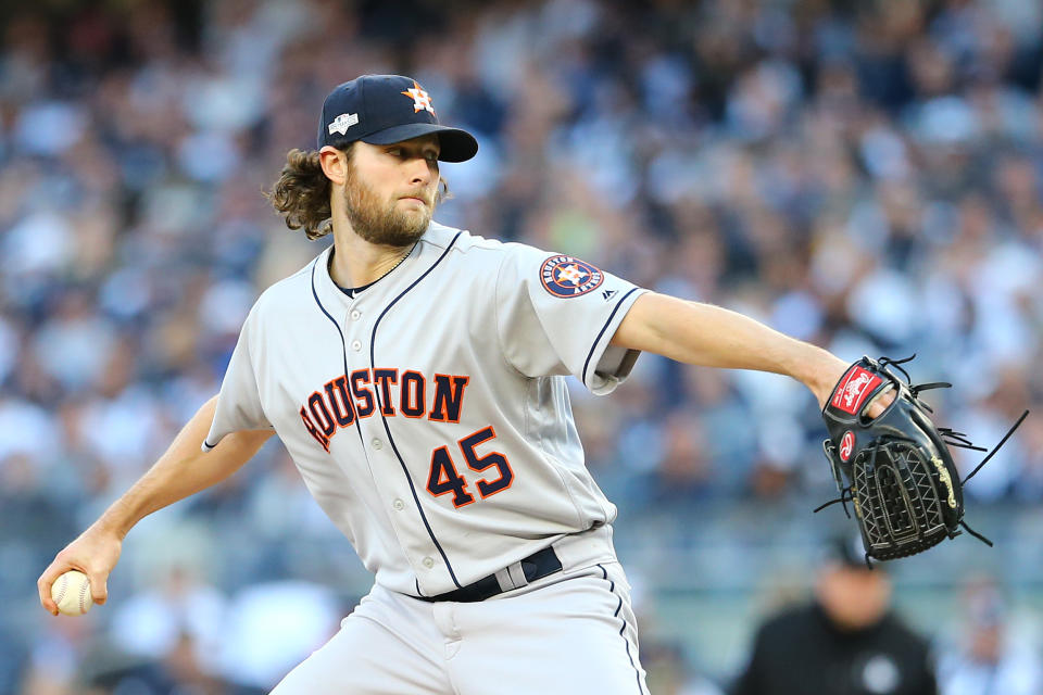 NEW YORK, NEW YORK - OCTOBER 15: Gerrit Cole #45 of the Houston Astros pitches during the second inning against the New York Yankees in game three of the American League Championship Series at Yankee Stadium on October 15, 2019 in New York City. (Photo by Mike Stobe/Getty Images)