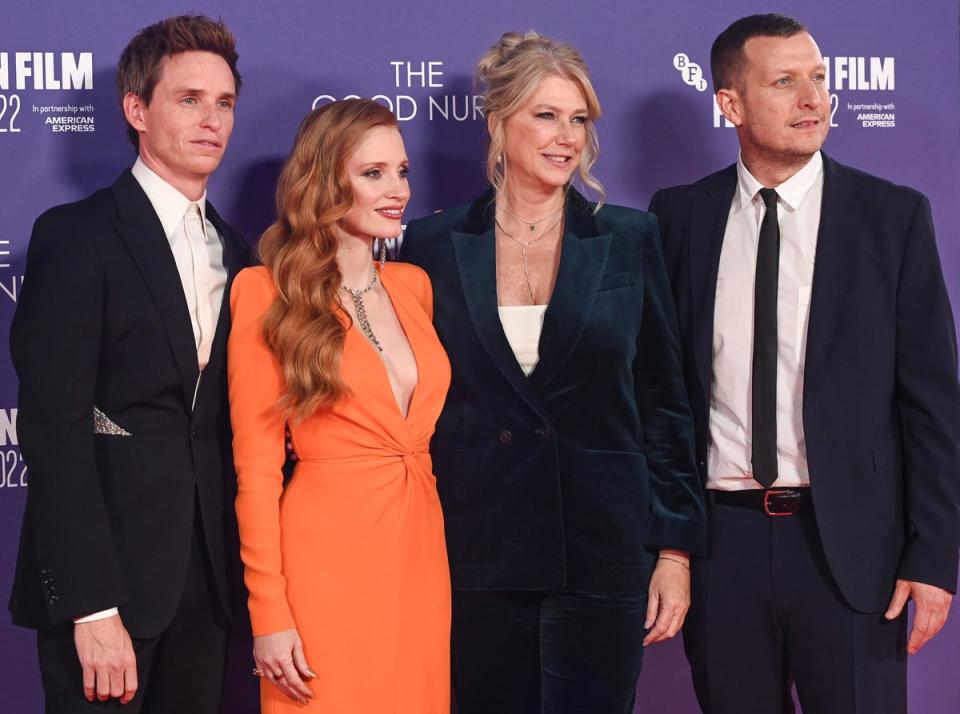 Eddie Redmayne, Jessica Chastain, Amy Loughren, and Tobias Lindholm attend the UK premiere of ‘The Good Nurse’ on 10 October 2022 in London (Kate Green/Getty Images for BFI)
