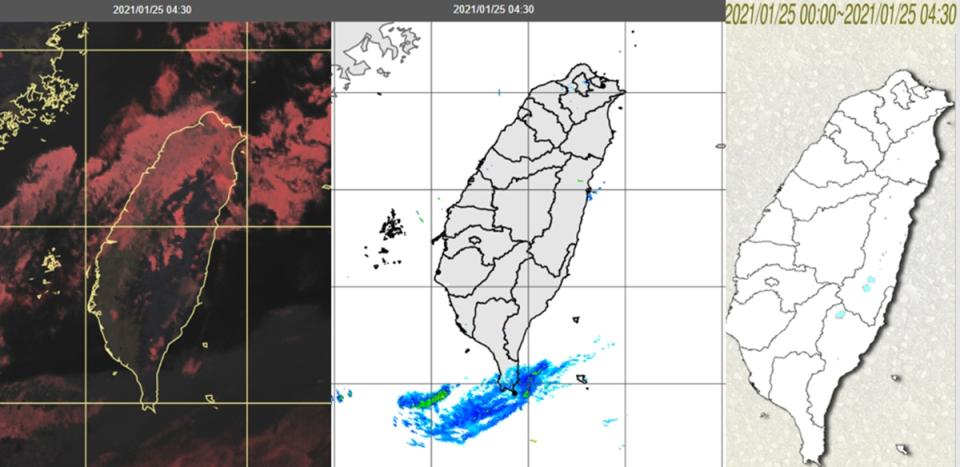 圖：今(25日)晨4：30真實色雲圖顯示，台灣附近有低雲零散分布(左圖)。4：30雷達回波合成圖顯示，巴士海峽有微弱降水回波(中圖)。4：30累積雨量圖顯示，東半部山區零星降雨(右圖)。