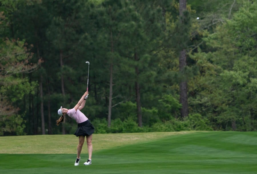 Emilia Migliaccio of the United States plays a stroke from the fairway during a practice round prior to the Augusta National Women’s Amateur at Champions Retreat Golf Club, Tuesday, April 2, 2024.
