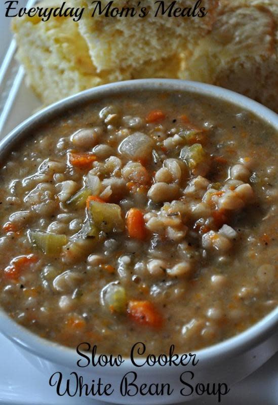 <p>Krista Marshall</p><p>This bean soup recipe proves that beans are the perfect hearty addition.</p><p><strong>Get the Recipe: <a href="/841895/kristamarshall/slow-cooker-white-bean-soup/" data-ylk="slk:Crock Pot White Bean Soup;elm:context_link;itc:0;sec:content-canvas" class="link ">Crock Pot White Bean Soup</a></strong></p>