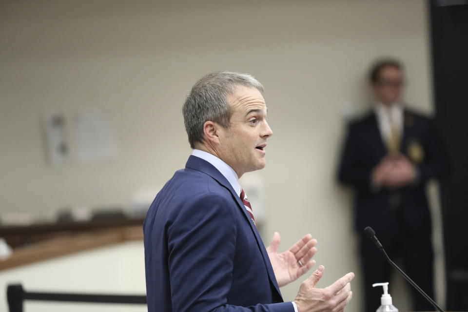 South Carolina football coach Shane Beamer speaks at a meeting of a South Carolina House committee considering a bill allowing schools to help athletes with name, image and likeness deals on Tuesday, Feb. 6, 2024, in Columbia, S.C. (AP Photo/Jeffrey Collins)