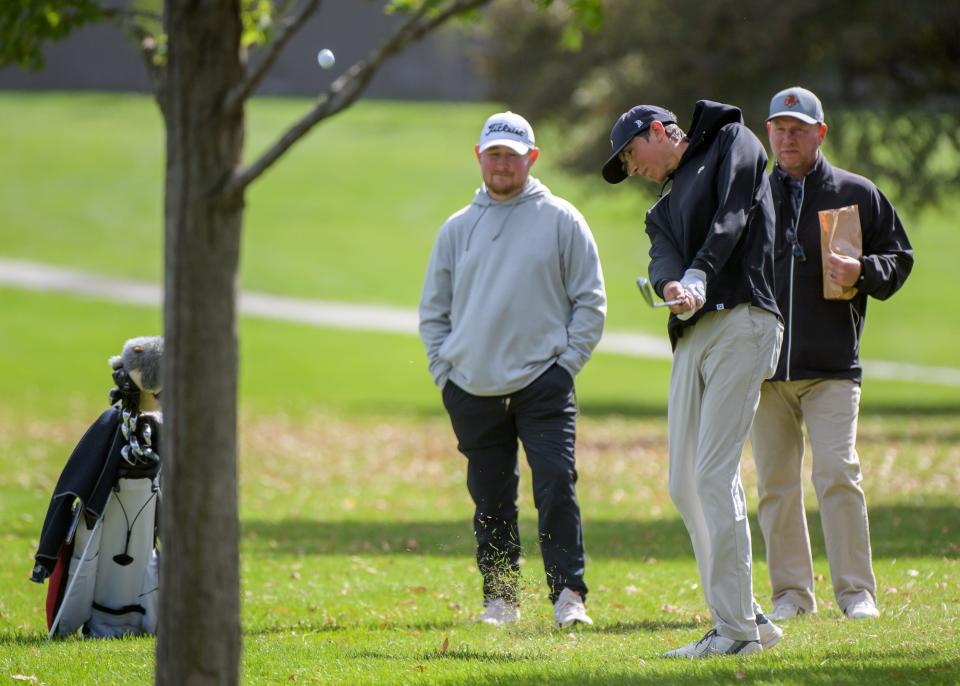 East Peoria's Connor Watson drives near the treeline on No. 1 during the second round of the Class 2A state golf tournament Saturday, Oct. 7, 2023 at The Den at Fox Creek in Bloomington.