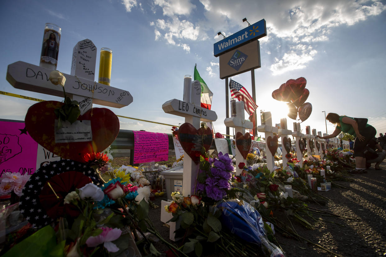 Crosses with names of victims are placed near the Walmart center where a massive shooting took place in El Paso, Texas, on Aug. 5, 2019. (Photo: Wang Ying/Xinhua via Getty)