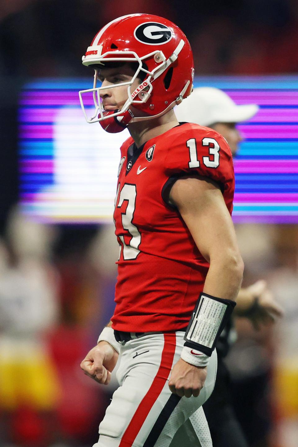 Dec 3, 2022; Atlanta, GA, USA; Georgia Bulldogs quarterback Stetson Bennett (13) reacts after his touchdown pass against the LSU Tigers during the second quarter at Mercedes-Benz Stadium. Mandatory Credit: Brett Davis-USA TODAY Sports