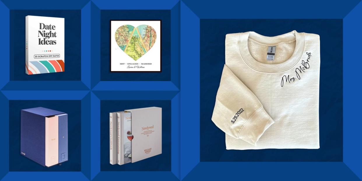 fun and adventurous date night box, personalized map heart art, custom mrs embroidered sweatshirt, savor deluxe wedding keepsake box, williams sonoma newlywed boxed set