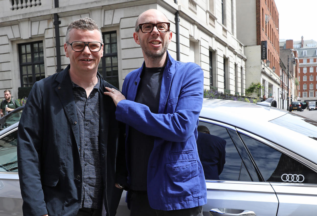 LONDON, ENGLAND - JULY 05: Chemical Brothers - Tom Rowlands and Ed Simons arrive in an Audi for The O2 Silver Clef Awards 2019 at The Grosvenor House Hotel on July 05, 2019 in London, England. (Photo by David M. Benett/Getty Images for Audi UK)