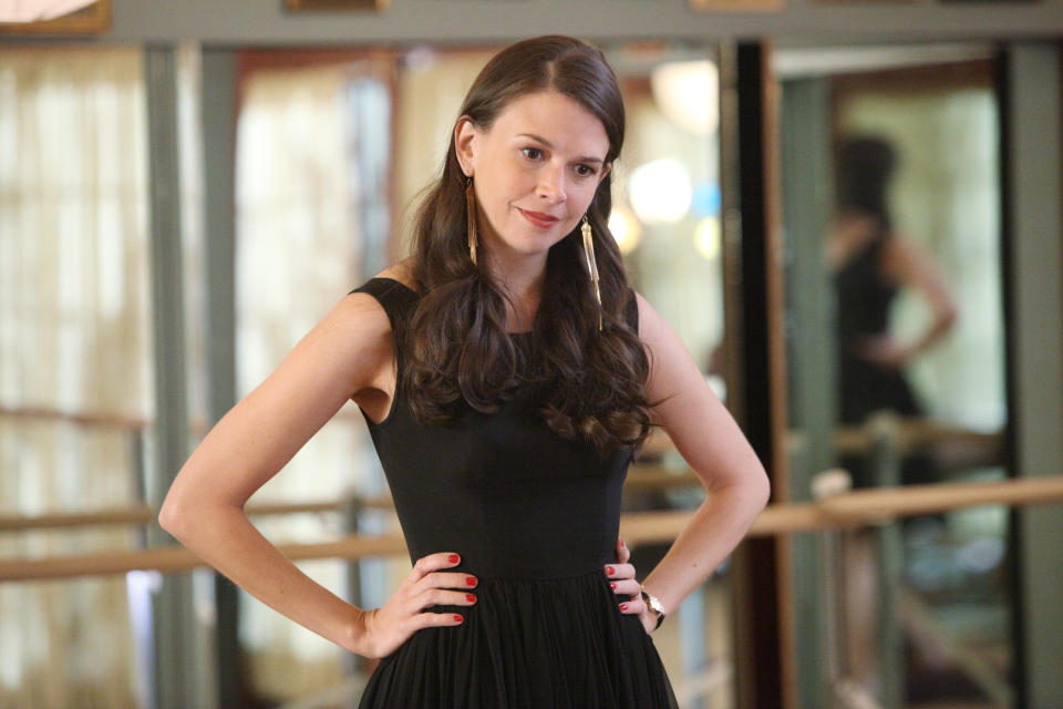 This image released by ABC Family shows actress Sutton Foster portraying Michelle Simms in a scene from "Bunheads, " on ABC Family. Foster, a three-time Tony winner, plays a Las Vegas showgirl who marries, moves to a small town and runs a dance school with her mother-in-law. (AP Photo/ABC Family, Adam Taylor)