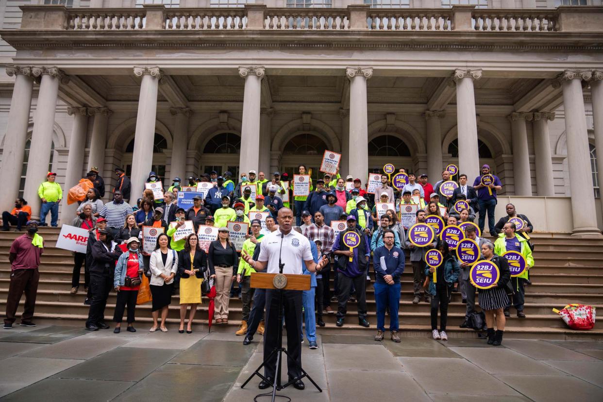 New York City Mayor Adams joins 32BJ members at a City Hall rally in support of the rezoning in lower Manhattan, New York on Sept. 7, 2022.