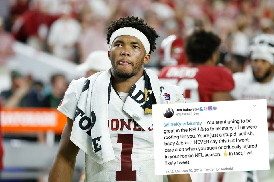 Oklahoma quarterback Kyler Murray was attacked online by an A’s blogger after news broke that he’ll be entering the NFL draft. (Getty Images)