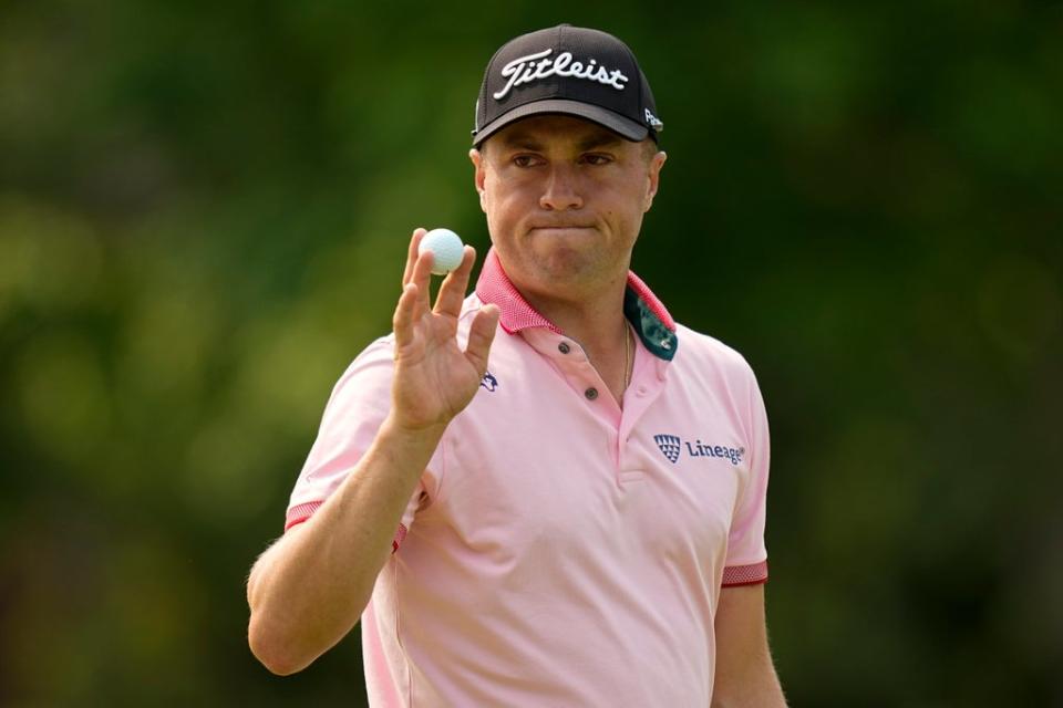 Justin Thomas waves after making a putt on the 14th hole during the final round of the US PGA Championship (Eric Gay/AP) (AP)