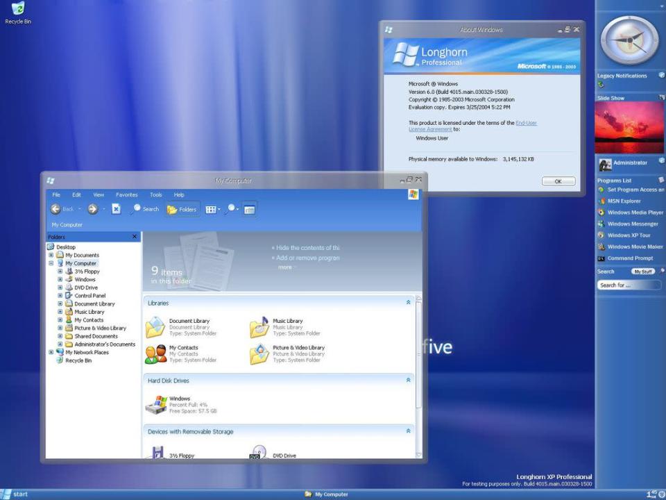 O Windows Aero no protótipo do Win Vista era bem mais rudimentar, posicionado entre o que foi o XP e o sistema final (Imagem: Reprodução/@Evil_pro_)