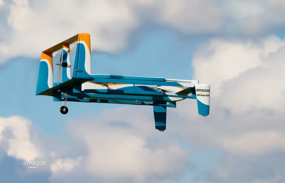 An Amazon Prime Air drone in mid-air